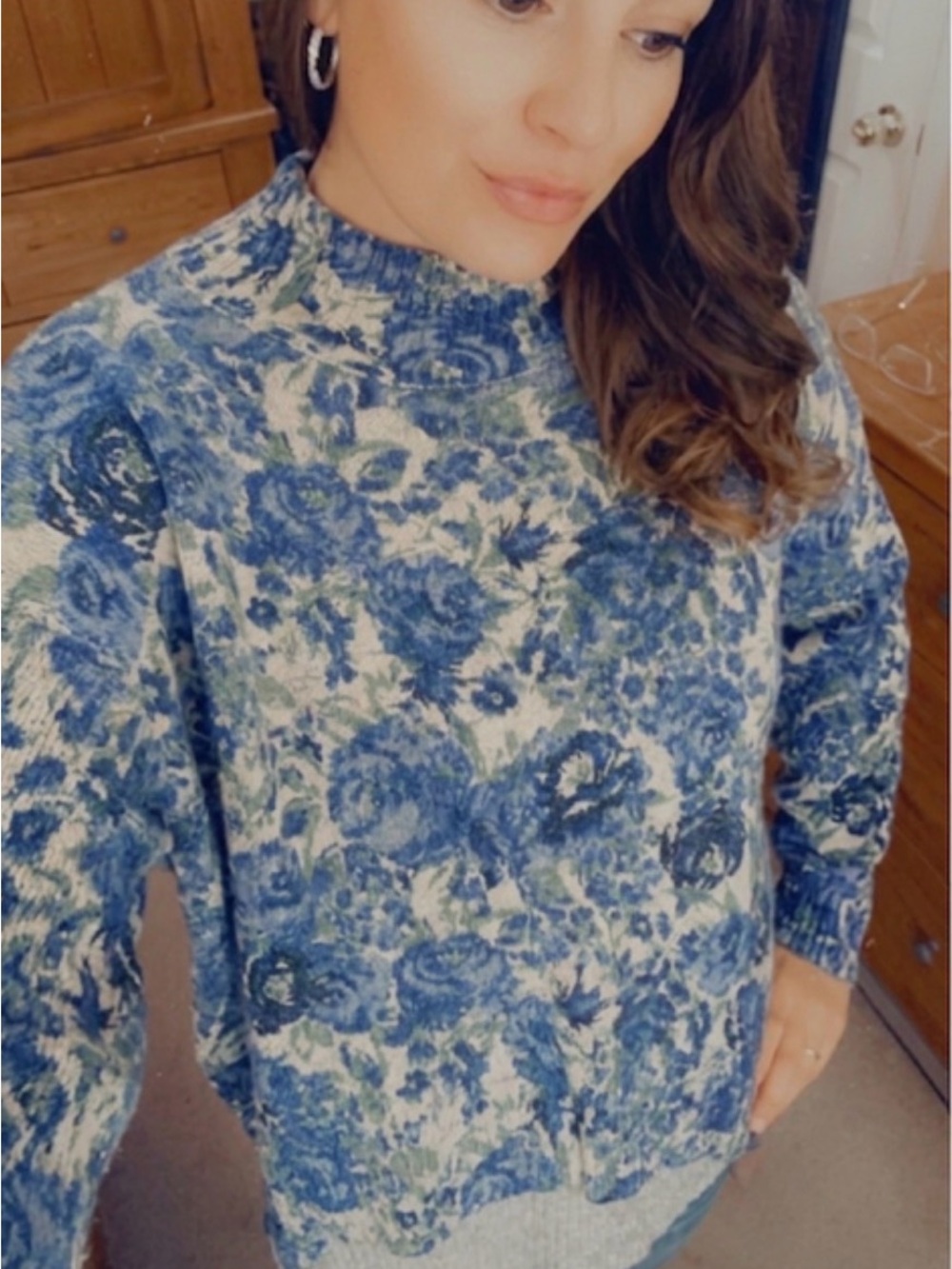 LC Lauren Conrad Blue Floral Turtleneck Sweater